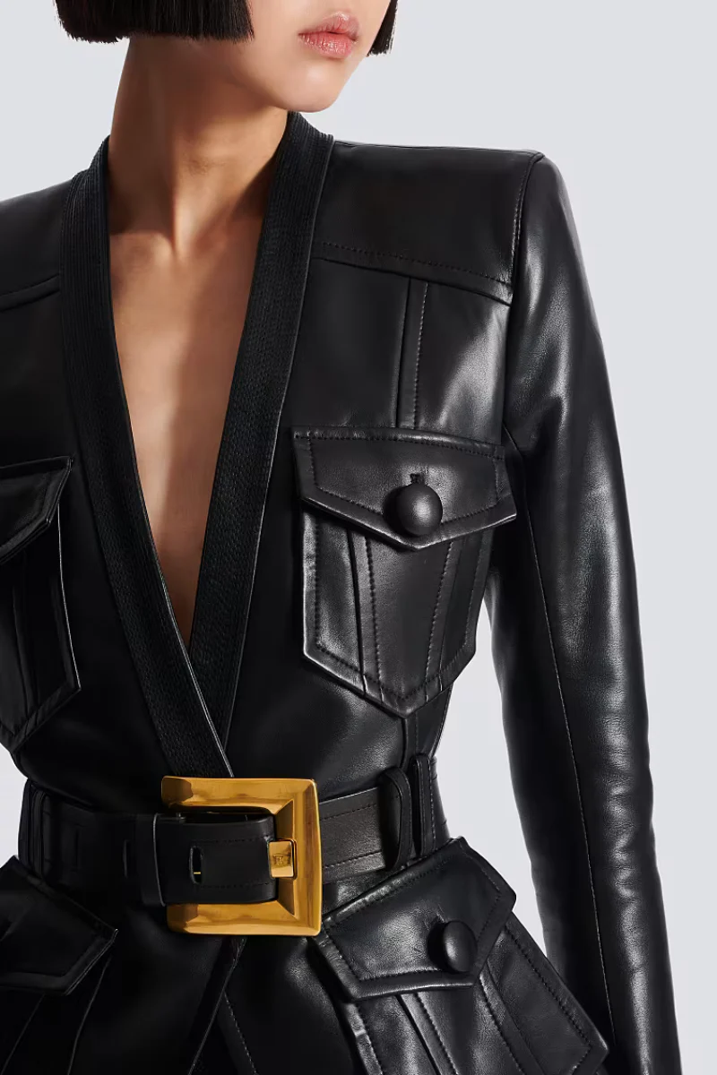 1-Button Belted Leather Jacket - Image 3