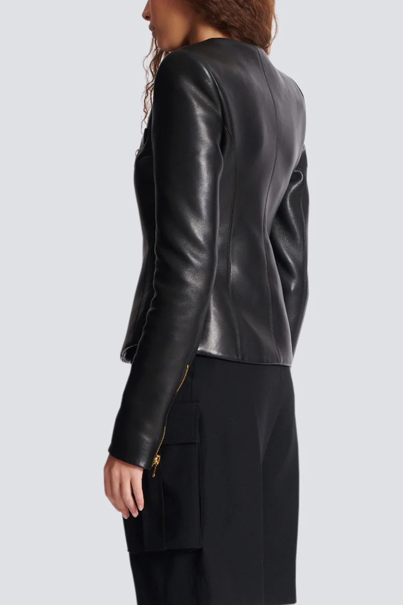 Cropped Peplum Leather Jacket - Image 4