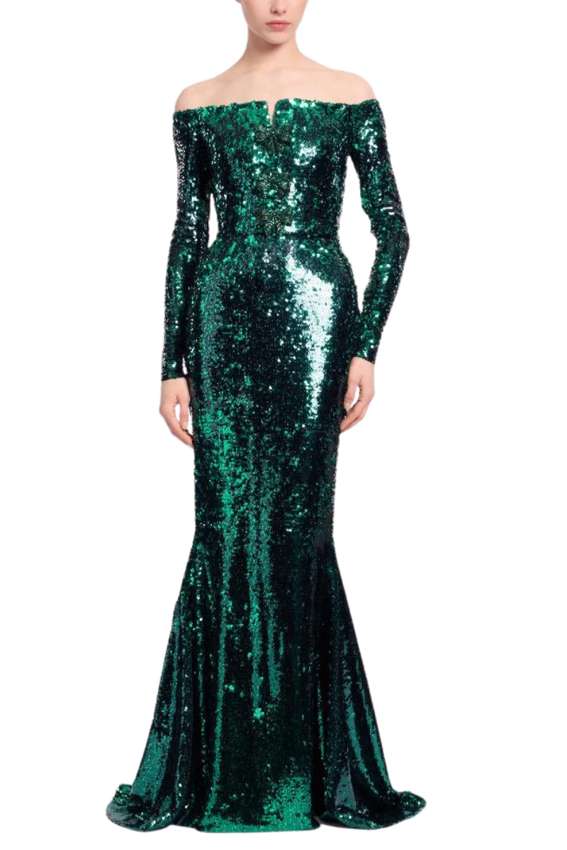 Off-The-Shoulder Sequin Gown